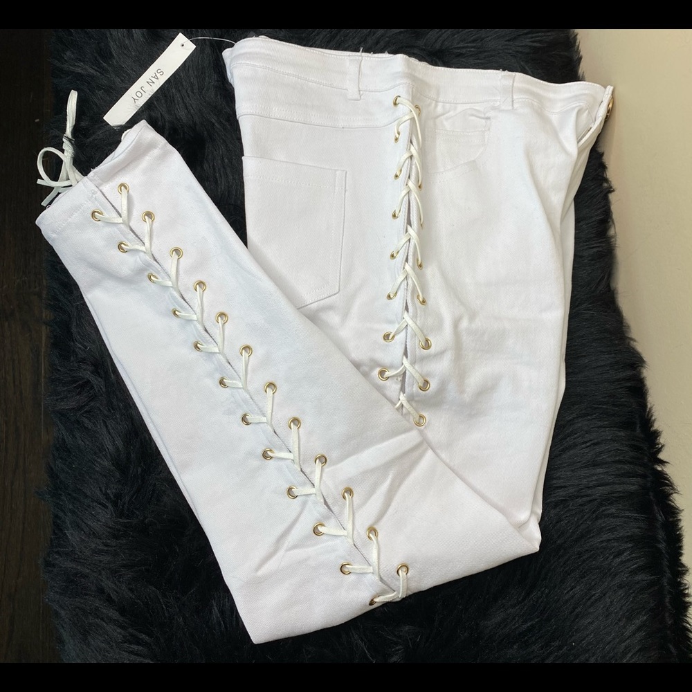 White Denim Side Lace Up Pants
